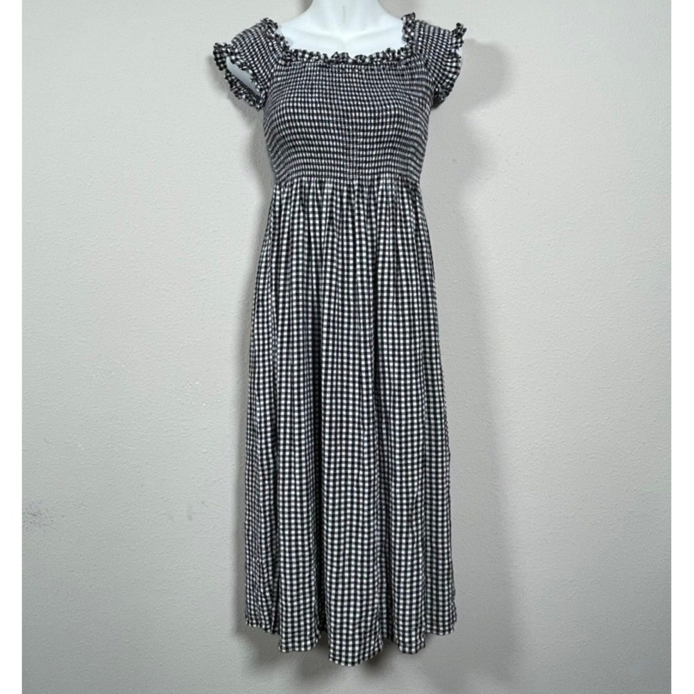 Bardot Gingham Smocked Midi Dress Women XS Black White Cottagecore Ruffle Sleeve